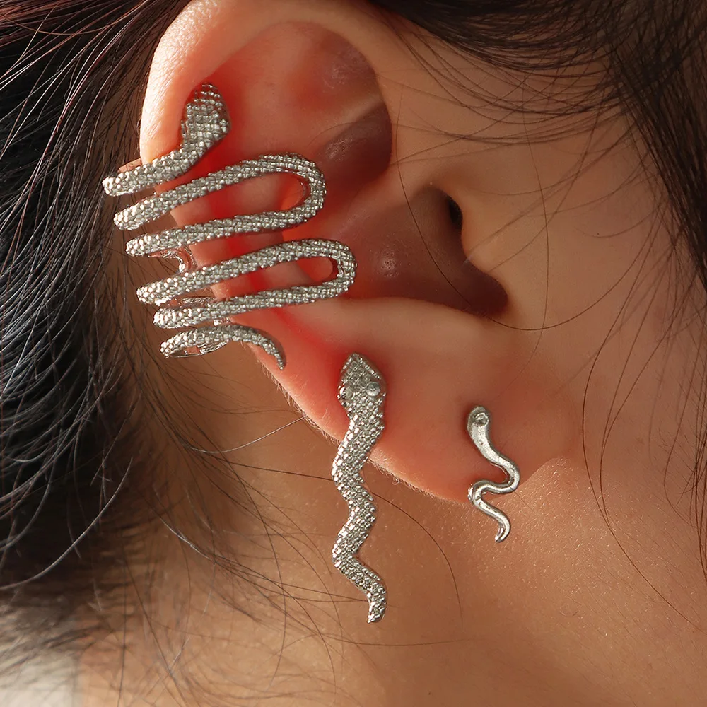 

3PCS/SET New Gothic Snake Ear Post Cuff Clip On Earrings Fake Cartilage Earring Clip Earring Women No Pierced Punk Earrings