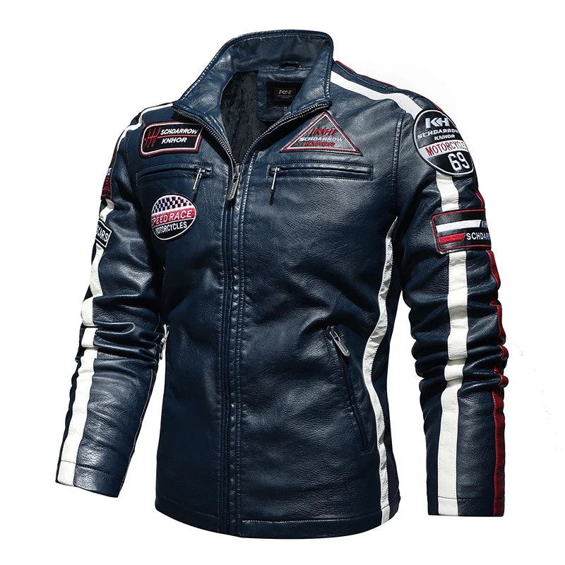 

Мужская мотоциклетная куртка из ПУ кожи, темно-синяя Повседневная куртка-бомбер из искусственной кожи на флисе, верхняя одежда для осени и зимы, 2022