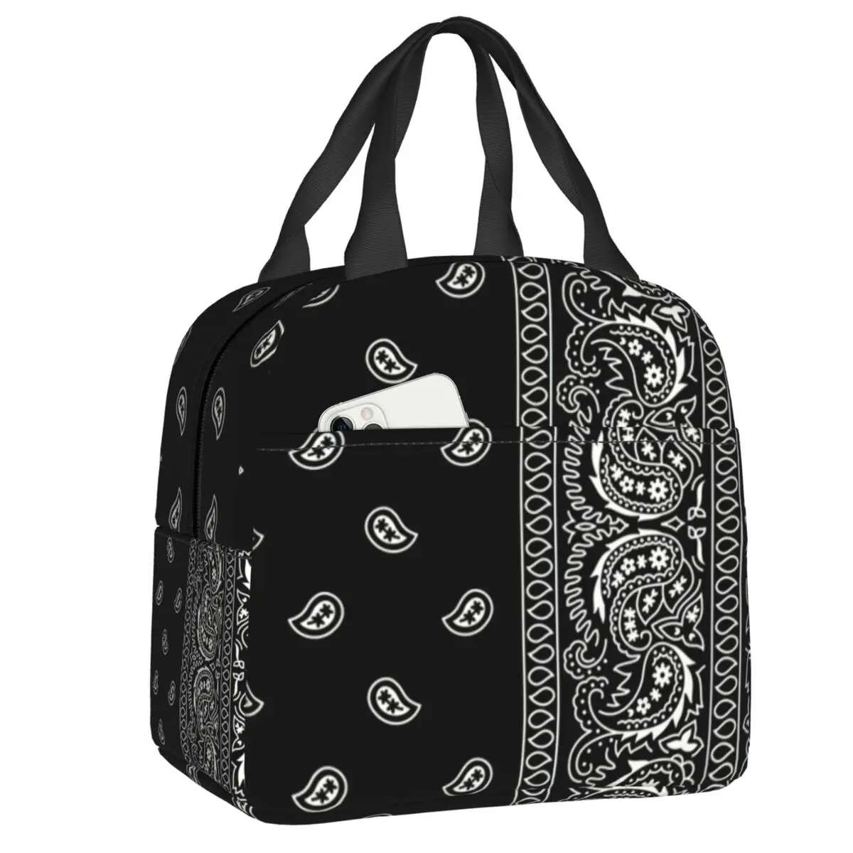

Black And White Paisley Chicano Bandana Style Portable Lunch Box Women Waterproof Cooler Thermal Food Insulated Lunch Bag School