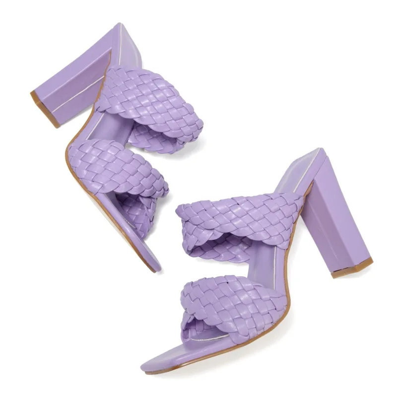 Twist Weave Thick High Heels Women's Slippers Shoes Summer Fashion Hollow Slides Sandals Square Toe Open Toe Violet PU Leather