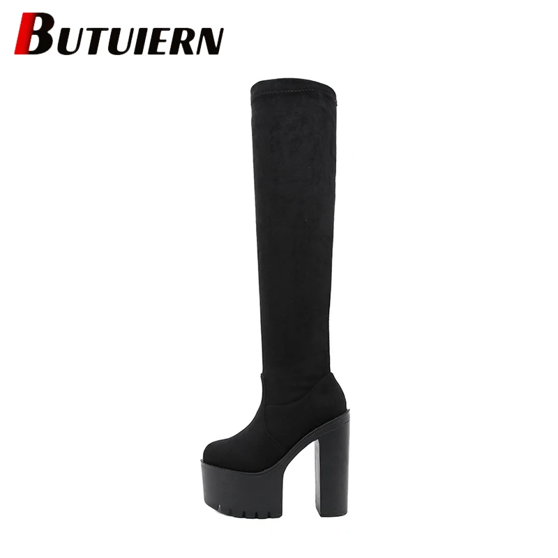 

Winter Fashion Black Over Knee Boots Women's Nightclub Stage Platform Thick High Heel Sapatos Femininos Com Frete Gratis