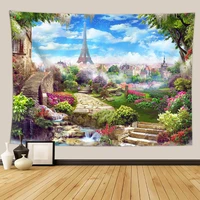 nordic garden flower scenery wall hanging fabric eiffel tower green plant landscape tapestry cloth blanket beach towel tapestrie