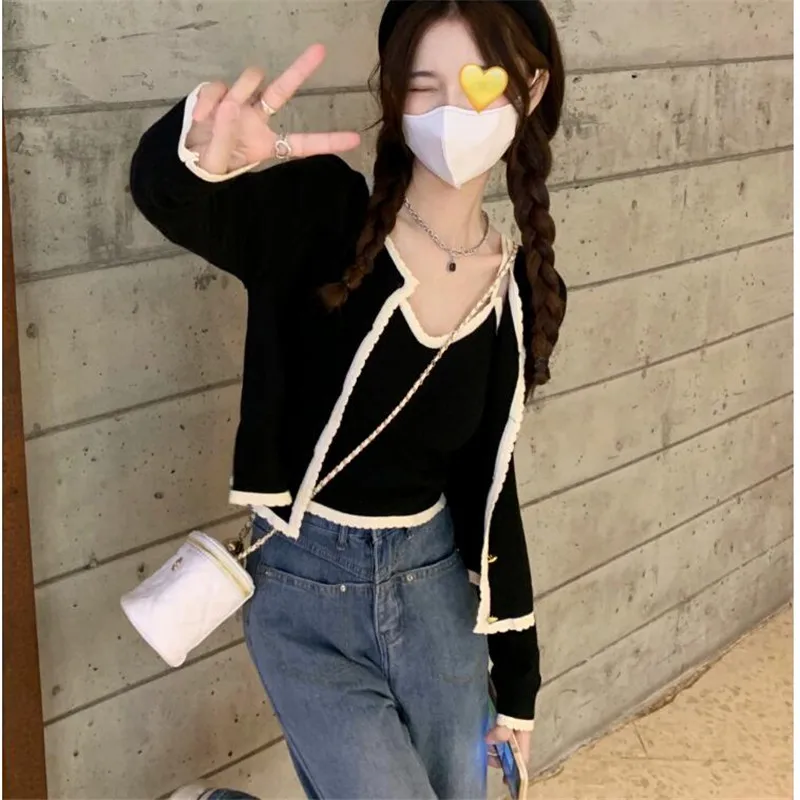 

Black Apricot Knit Shirt Women New Fall Fashion 2pc Sexy Little Suspender Tank Vest Camisole Top&Long Sleeve Short Cardigan Set