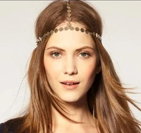boho beach gold round sequin three strand hair band crown tiara forehead bride wedding hair accessories head piece chain jewelry
