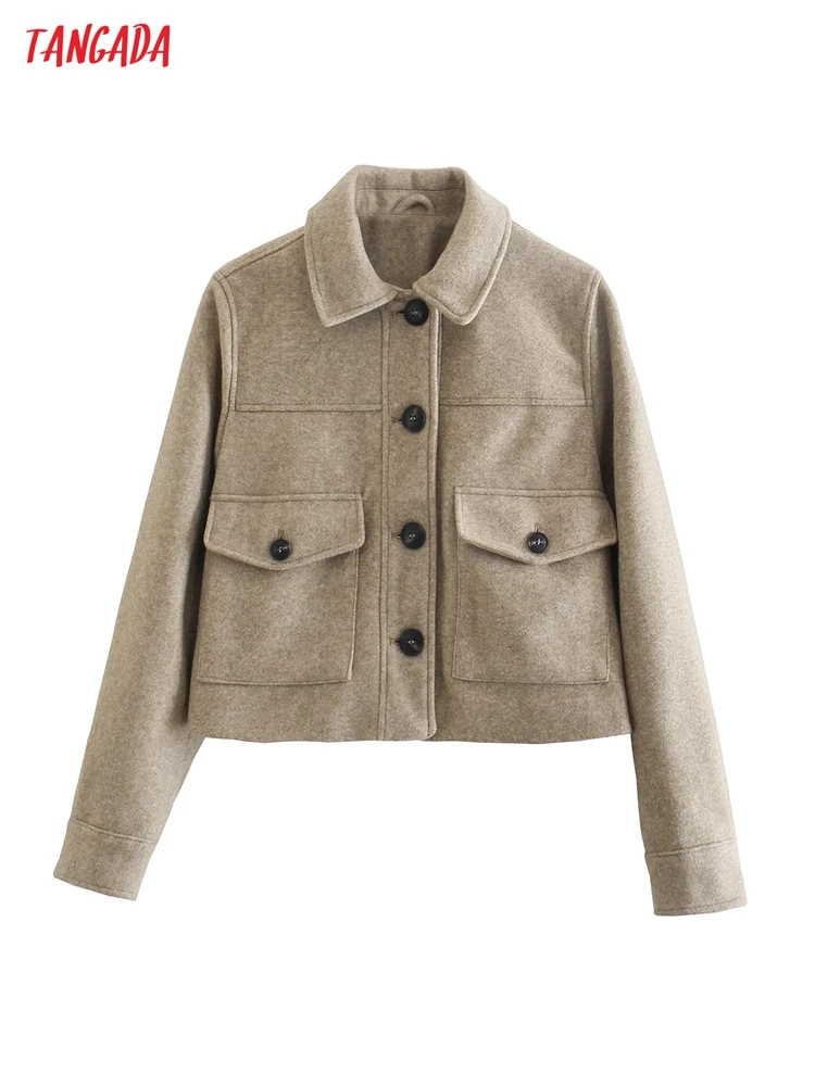 

Tangada Women's Autumn Jacket Woolen Loose Long Sleeves Pocket 2021 Ladies Crop Coat AB18