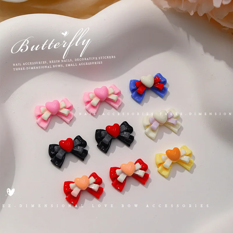 

50pcs 2023 Fashion Dopamine Love Bow Nail Art Charms 3D Double Ribbon Bow Nail Resin Decoration DIY Manicure Kawaii Accessories