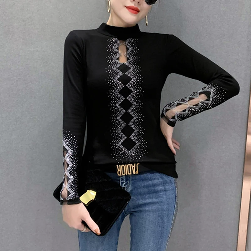 

Модная женская теплая футболка с длинным рукавом, облегающие осенние повседневные женские футболки, топ, блестящий полувысокий воротник, б...