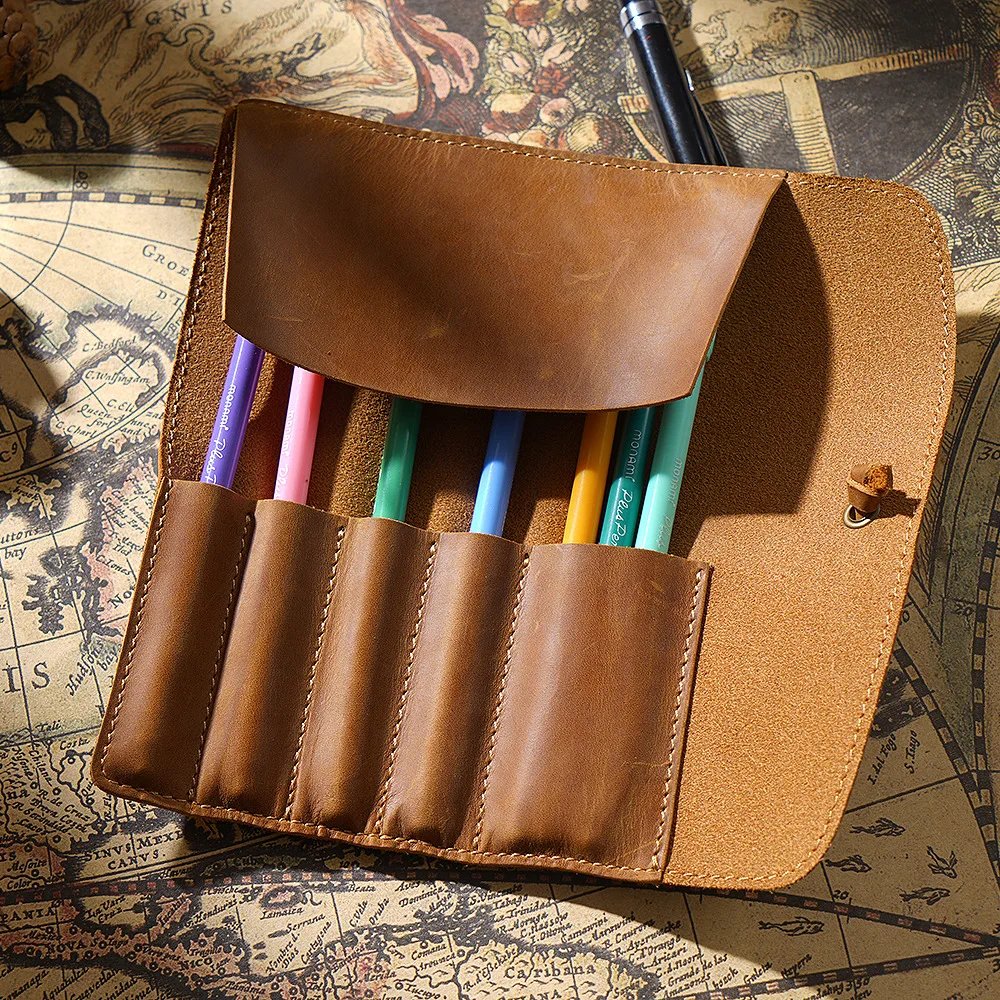 

Retro Cowhide Leather Pen Bag Sketch Brush Storage