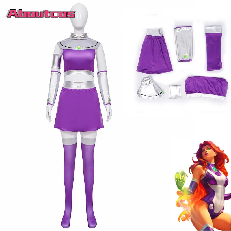 Aboutcos Anime Starfire Teen Titans Full Set for Women Girl Unisex Halloween Party Cosplay Costume Stage Performance Uniform