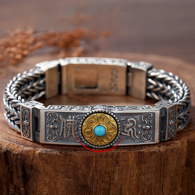 

Buddhism Sterling Silver Six-Character Mantra Twist Woven Men's Bracelet Can Be Turned Classic Vajra Transfer Lucky