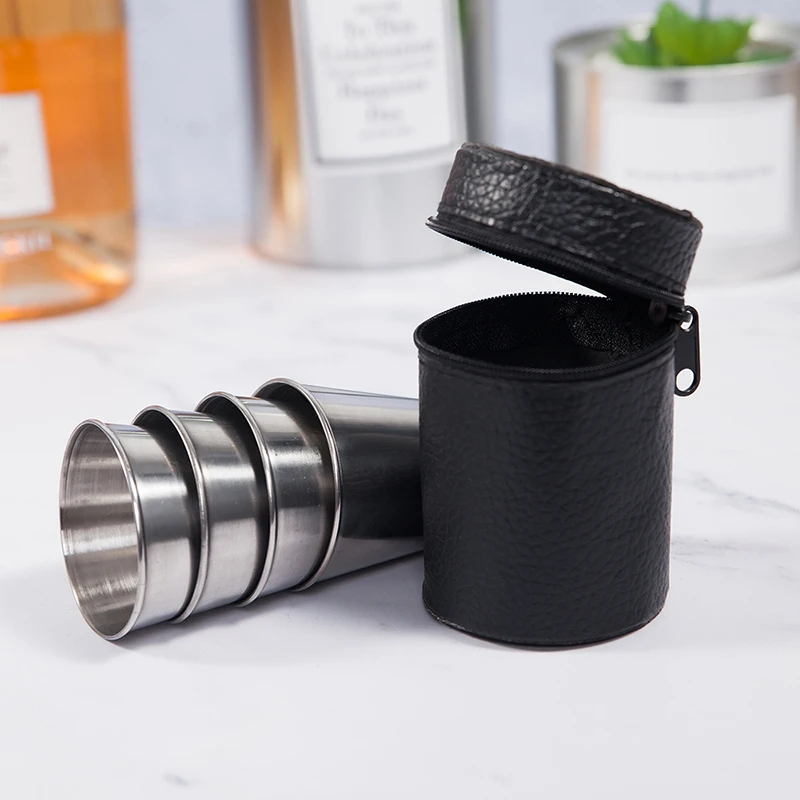 

Polished 30ML Mini Stainless Steel Shot Glass Cup Vodka Cup Wine Drinking Glasses With Leather Cover Bag For Home Kitchen Bar