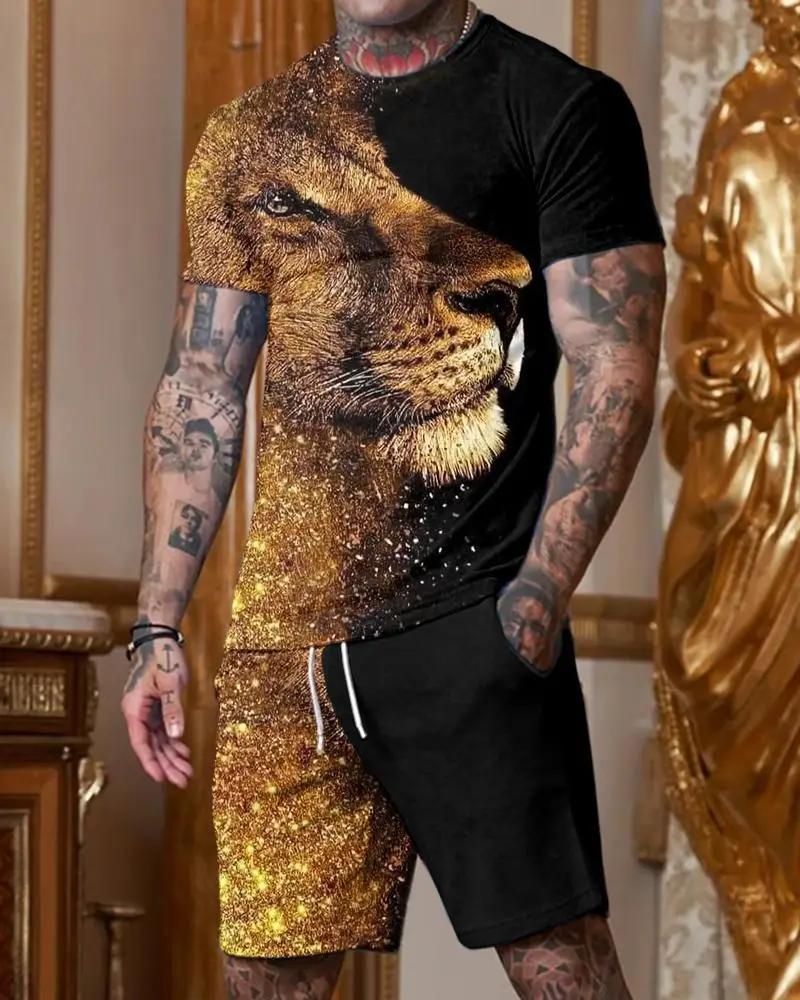 Lion Printed T Shirt Set for Men O-neck 3D 2 Piece Casual Suit 2023 Summer Oversized Men's Tracksuit Sportswear Shorts