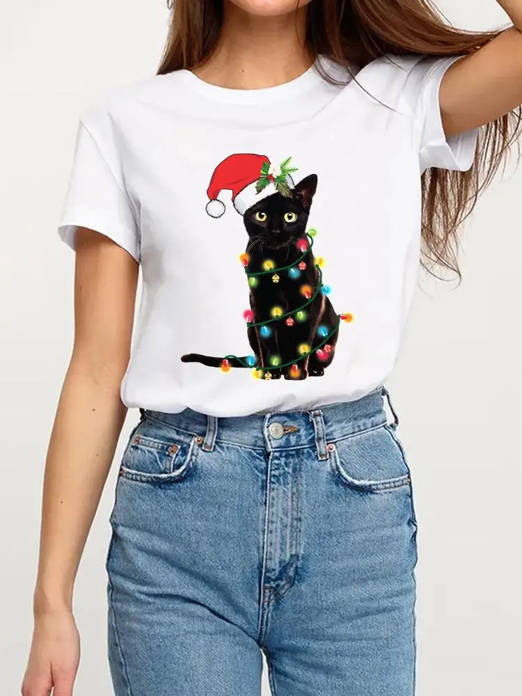 

Cat Cartoon Sweet 90s Happy Holiday Clothes Merry Christmas Women Clothing Tee Top Graphic T-shirt Fashion Basic Print T Shirt