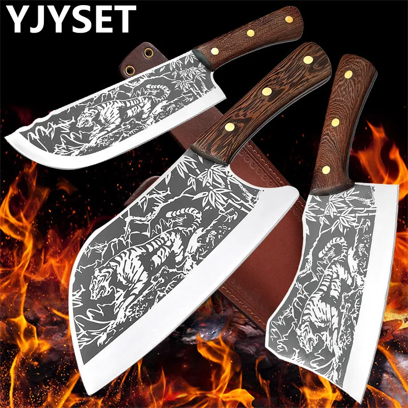 

Serbian Chef Knife Stainless Steel Chopping Kitchen Knife Camping Pocket Tiger Pattern Chopping Cutting Slaughter Knife Holster