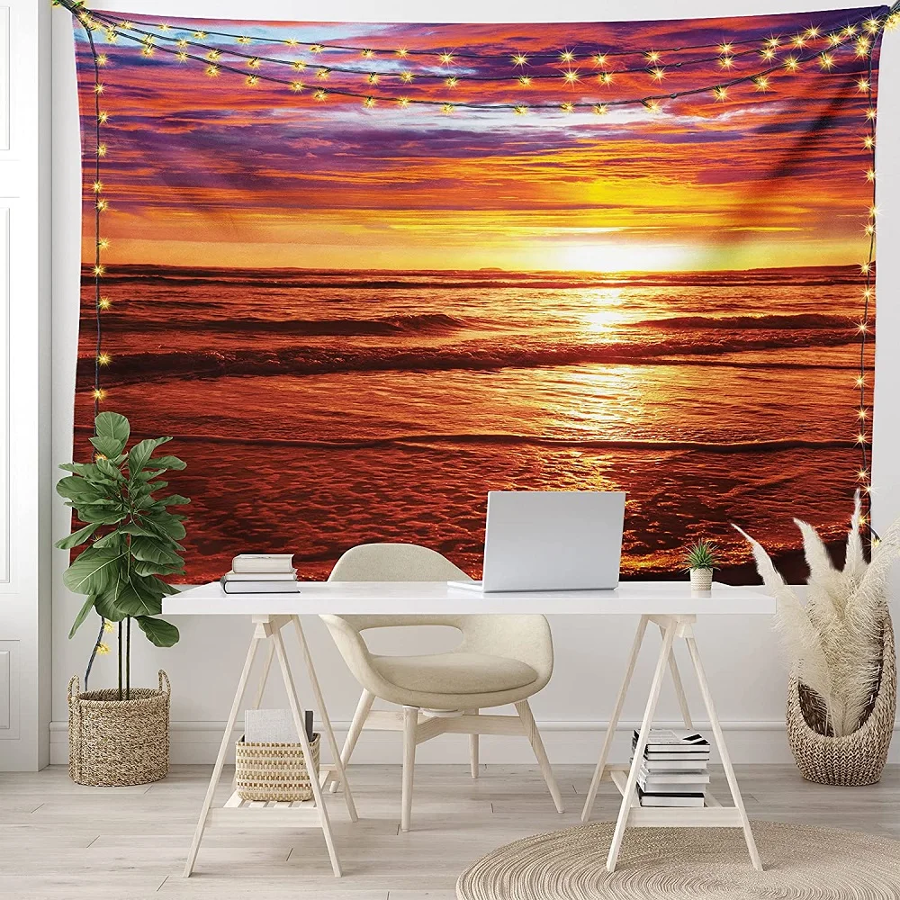 

Tropical Ocean Sunset Tapestry Sea Purple Clouds and Gloden Sunshine Landscape Tapestries Bedroom Living Room Dorm Wall Hanging