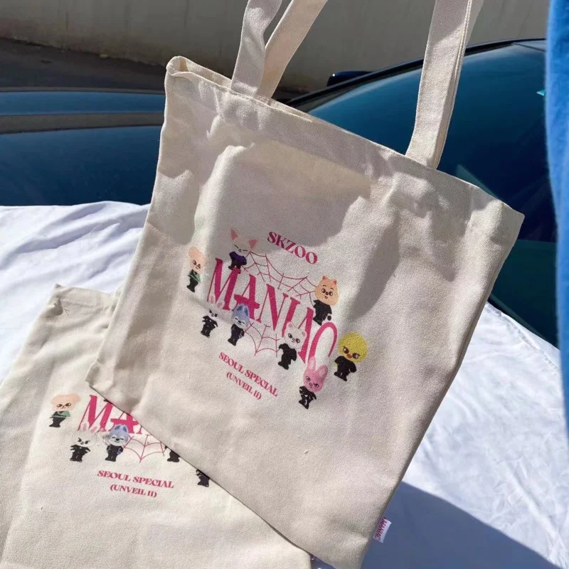 

Stray Kids Eco Bag Portable Cartoon Print Canvas Shopping Bag Casual Large Capacity Shoulder Bags Stray Kids Kpop Accessories