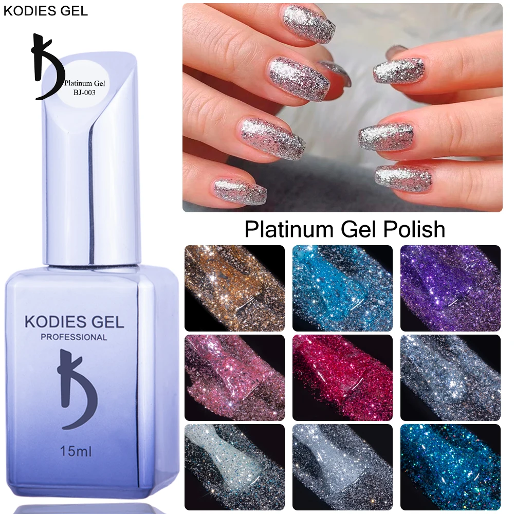 

KODIES GEL Platinum Gel Nail Polish 15ML Glitter Sequins Semi Permanent UV/LED Hybrid Varnish Silver Paint Lacquer Base Top Coat