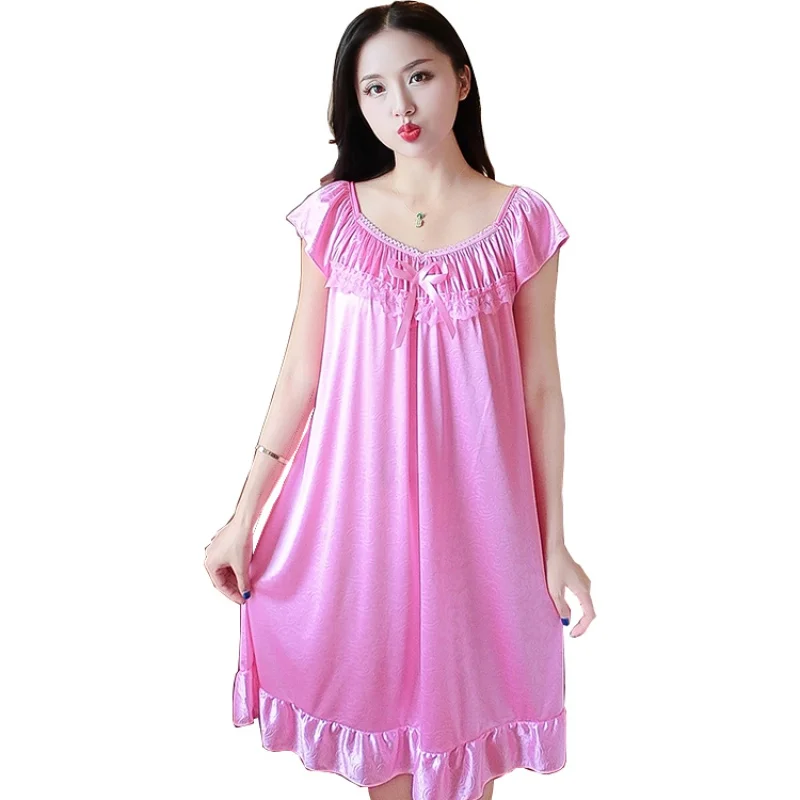 

Amazon Hot Sale Thin Suspender Night-skirt Sexy V-neck Lace Nightdress Ice Silk Home Wear One Size Solid Color Loose Nightgown