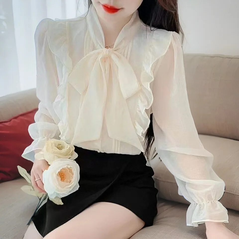 Женская Свободная шифоновая рубашка с оборками весна-осень 2024