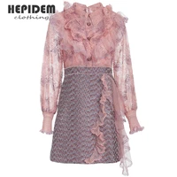 hepidem clothing summer short dress women 2022 new lace long sleeve lace mesh vintage jacquard slim dress 69791