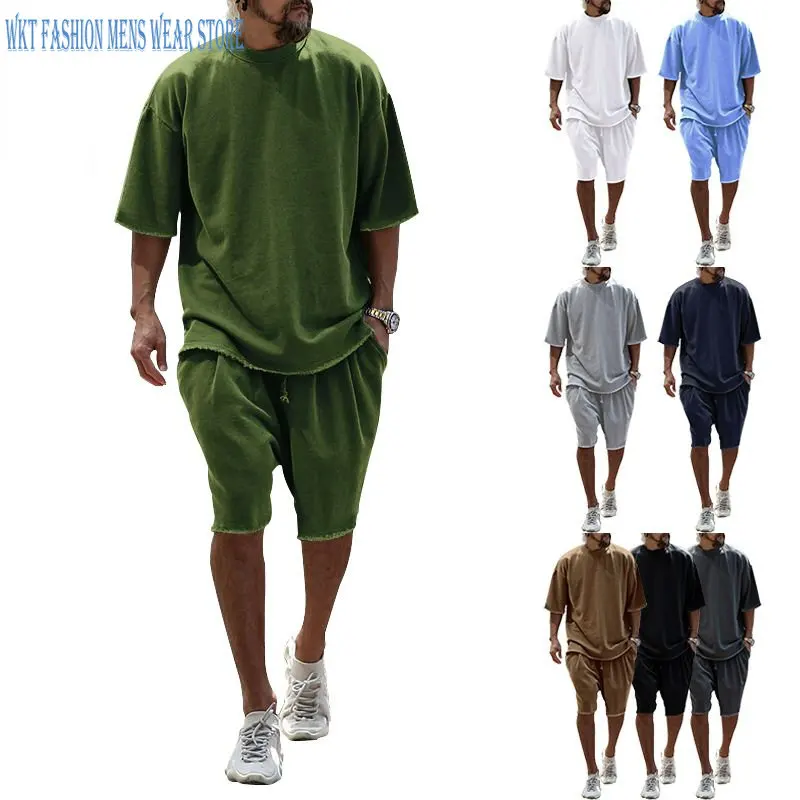 Men's Sets Summer Suit Solid Crew Neck T-shirt Short Sleeves Shorts Loose Leisure Daily Mens Pants Casual Men Clothing