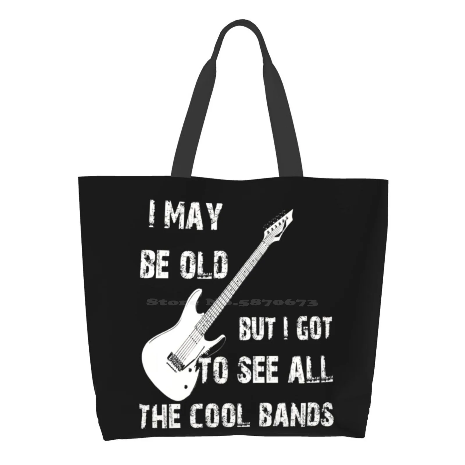 

Rock Band Gift For Older Man Or Woman Print Large Size Reusable Foldable Shopping Bag Electric Guitar And Roll Band Heavy Metal
