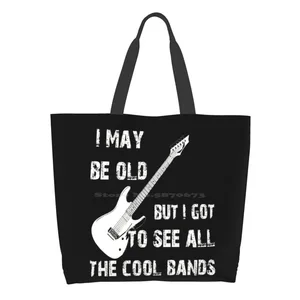 Rock Band Gift For Older Man Or Woman Print Large Size Reusable Foldable Shopping Bag Electric Guitar And Roll Band Heavy Metal