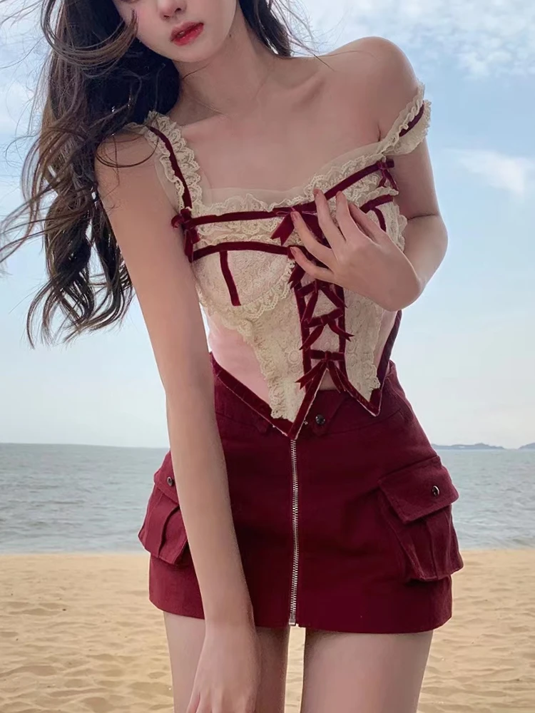 

Patchwork Lolita Kawaii Two Piece Set Women Bow Vintage Sweet Mini Skirt Set Female Lace Designer Y2K Sexy Skirt Suit 2023 New