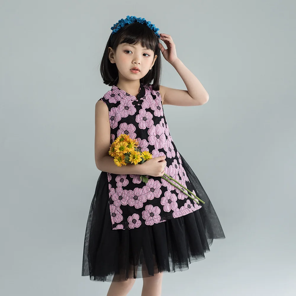 

Китайское Qipao, платья для девочек, сетчатый сарафан с цветочным узором для малышей 6, 8, 10 лет, элегантные вечерние платья для девочек