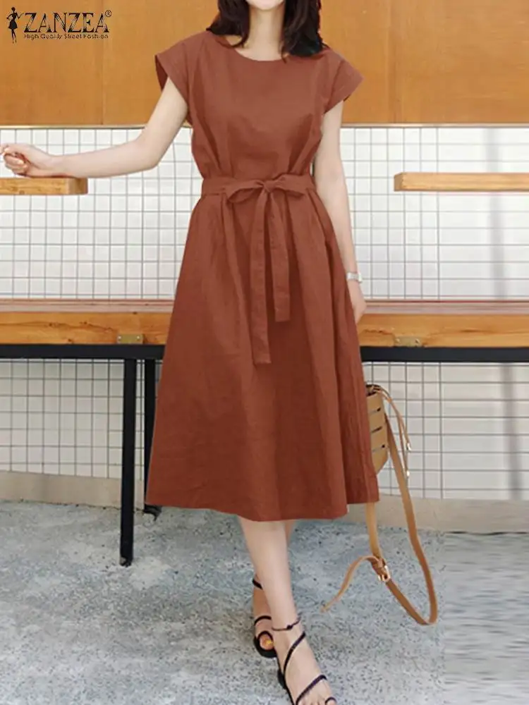

Лето 2023, женское Повседневное платье ZANZEA, модное однотонное платье до середины икры, женский сарафан с коротким рукавом и круглым вырезом, офисные платья