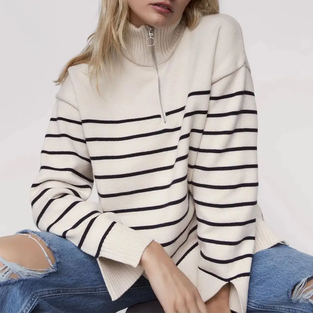 

New Style Women Sweater Striped Casual Zipper Mock Neck Split Knitted Ladies Pullover Loose Striped Top Autumn High Streetwear