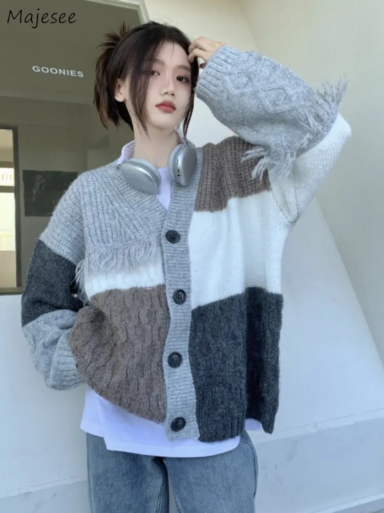 

Женский кардиган с бахромой, свободный свитер в стиле пэчворк, верхняя одежда, плотный вязаный Универсальный свитер с V-образным вырезом, милый Повседневный женский кардиган в стиле Харадзюку