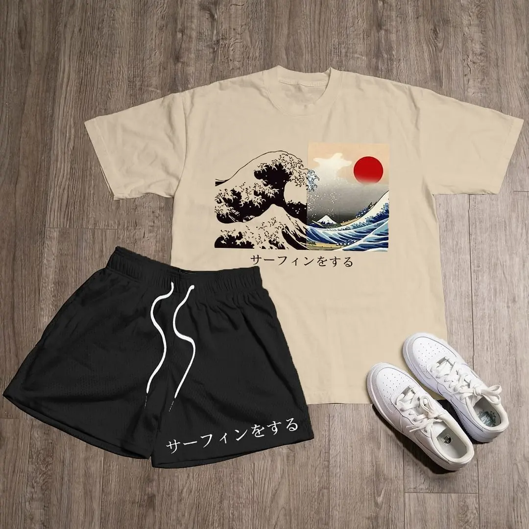 2023 Summer New Print Pattern Street Men's Clothing Daily Outdoor Casual T-shirt Shorts Two Piece Beach Unisex Couple Set Roupas