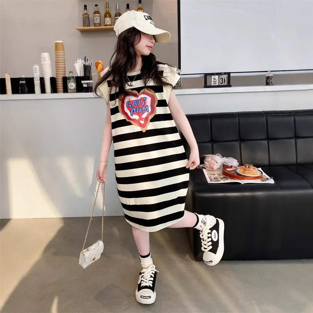 Лето 2024 стильное вязаное платье-футболка принцессы для девочек детское