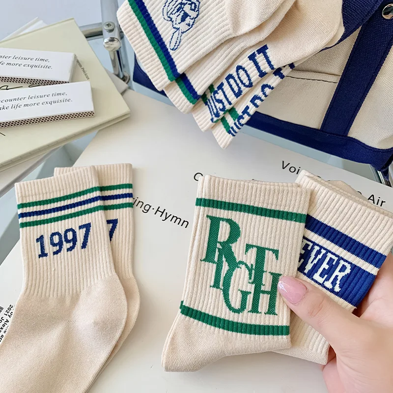 5 PCS Fashion New Sports Casual Basketball Cotton Socks Smiple Stripe Letter Cartoon White Cotton Socks Set for Women