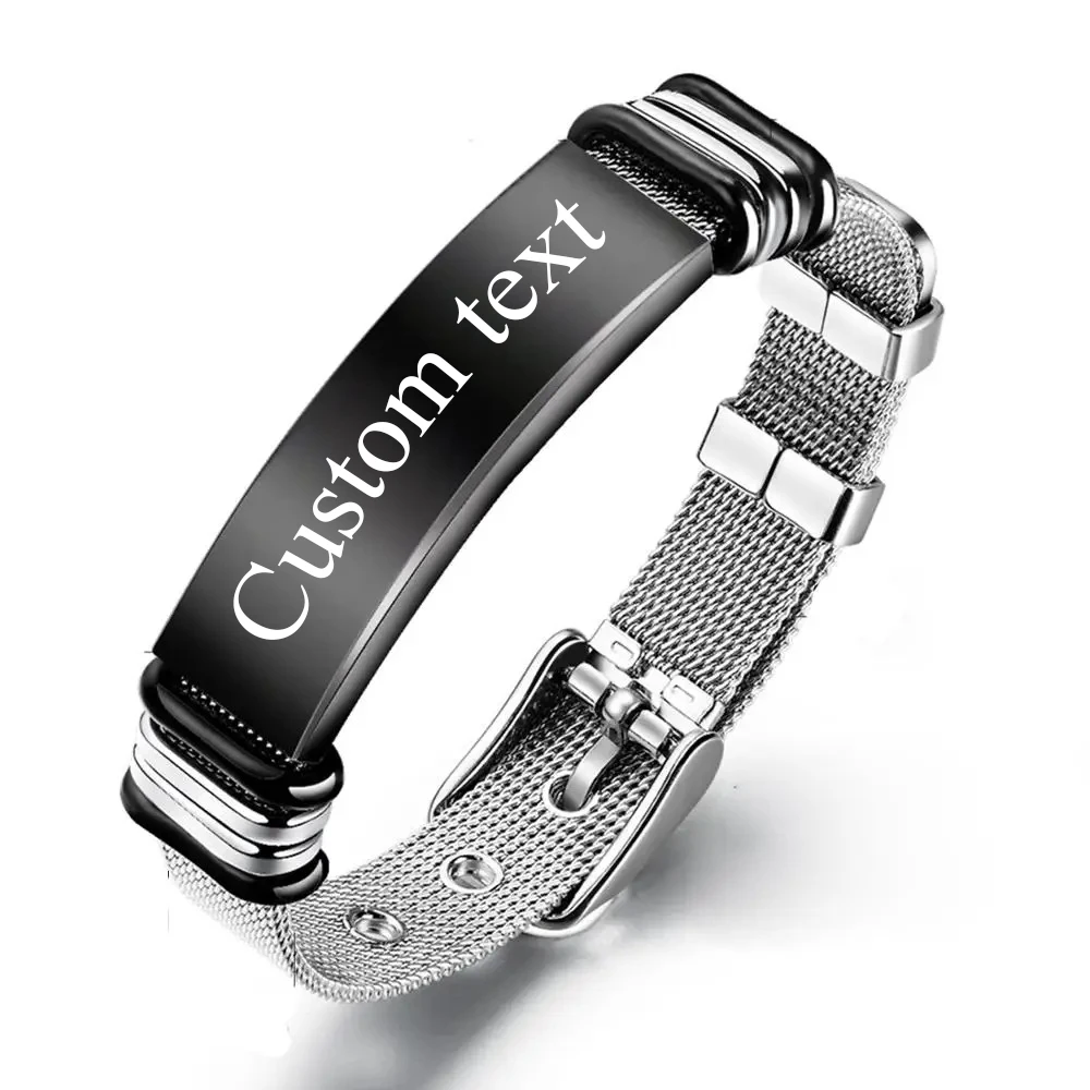 

Custom Text Name Engrave Logo Id Bracelets Personalized Net Band Stainless Steal Bracelet Men Friendship Bracelets Jewelry