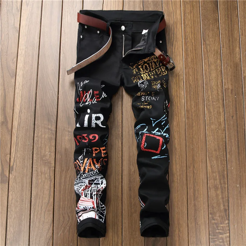 

Punk Style Black Denim Biker jeans Mens Skinny Runway Distressed Slim Elastic Jeans Hiphop Washed Letter Pattern Print Jean