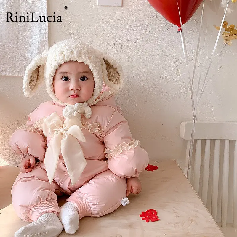 

RiniLucia Winter Down Cotton Baby Girls Romper Lace Bowknot Hooded Infant Jumpsuit Casual Snow Warm Thicken Toddler Clothes