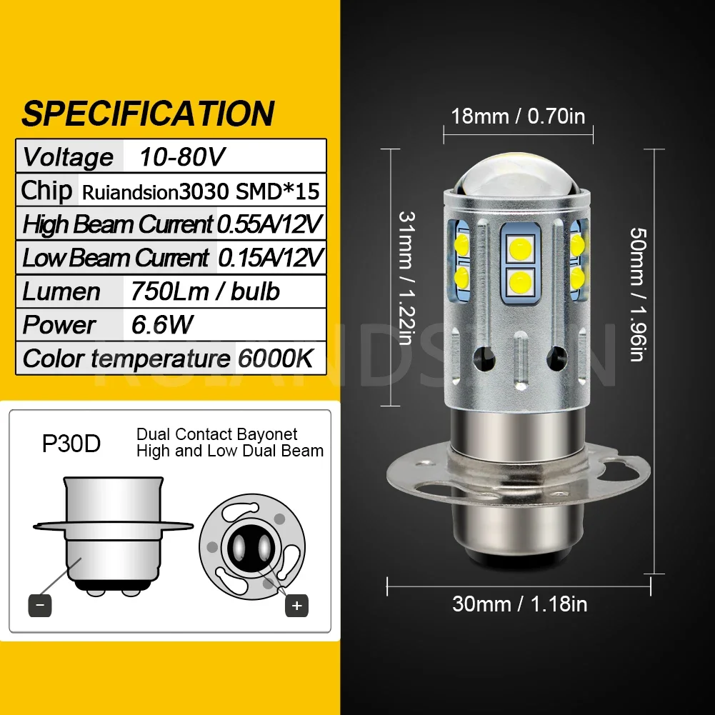 Светодиодные мотоциклетные фары Ruiansion P30D P45T BA20D P26S Неполярные 10-80 в белые