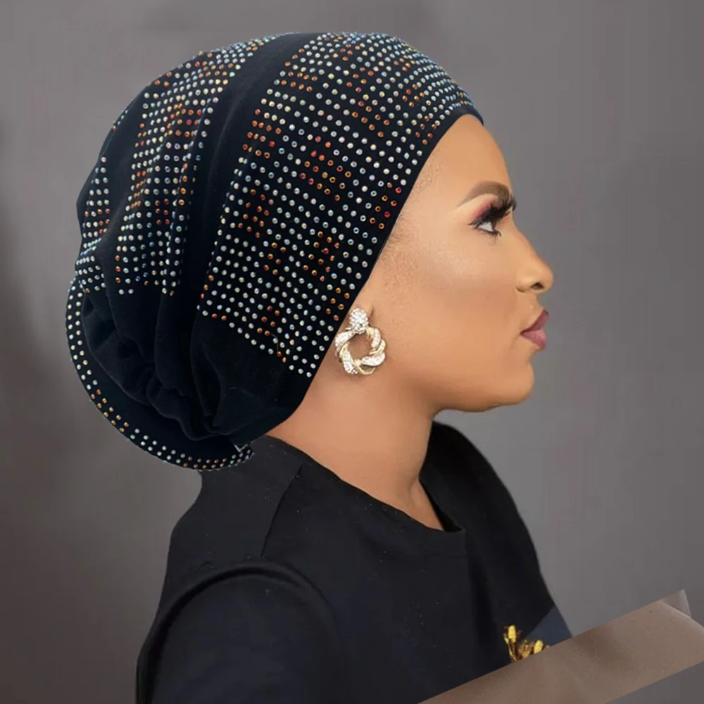2022 New Women's Pleated Turban Cap with Padded Diamonds Design Elastic Muslim Headscarf Bonnet African Headwrap India Hats