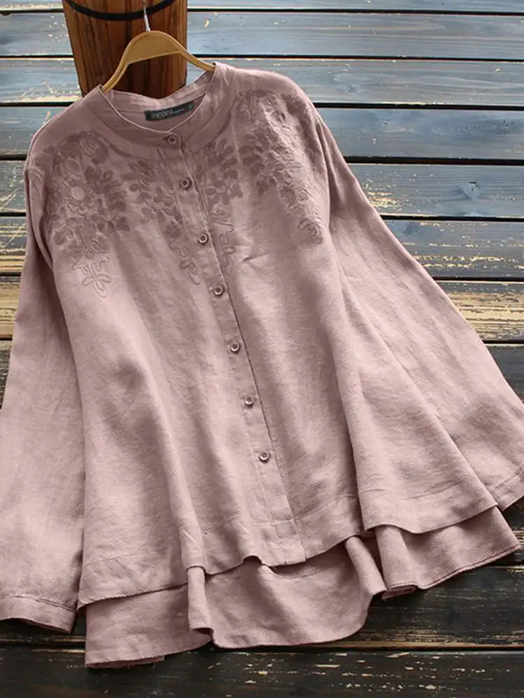 

Kaftan Women's Embroidery Blouse ZANZEA Fashion Spring Tops Casual Floral Irregular Shirts Blusas Female Button Tunic Chemise
