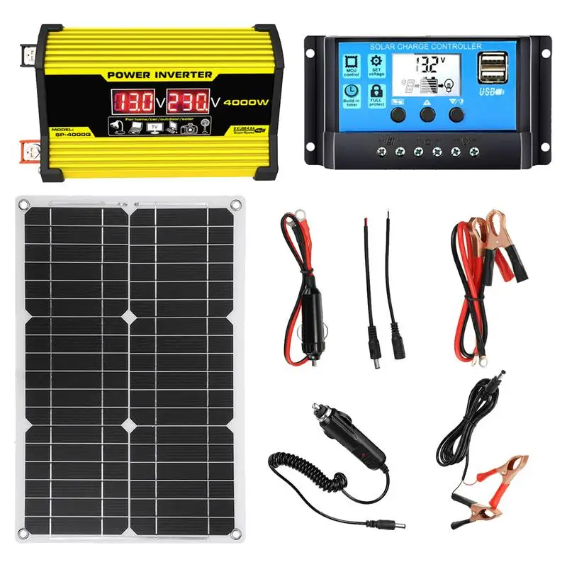 

Solar Panel System 18W 12V Solar Panel 300W Inverter Power Charger Weatherproof DC 12V To AC 110/220V 30A Controller With 2 USB