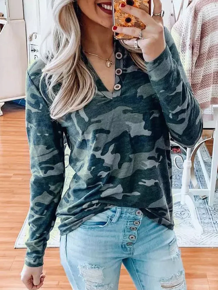 

New Camouflage Button V-Neck Long Sleeve Blouse Cop Top Ropa Mujer Anime y2k Clothes Tops Roupas Femininas T Shirt Blus As
