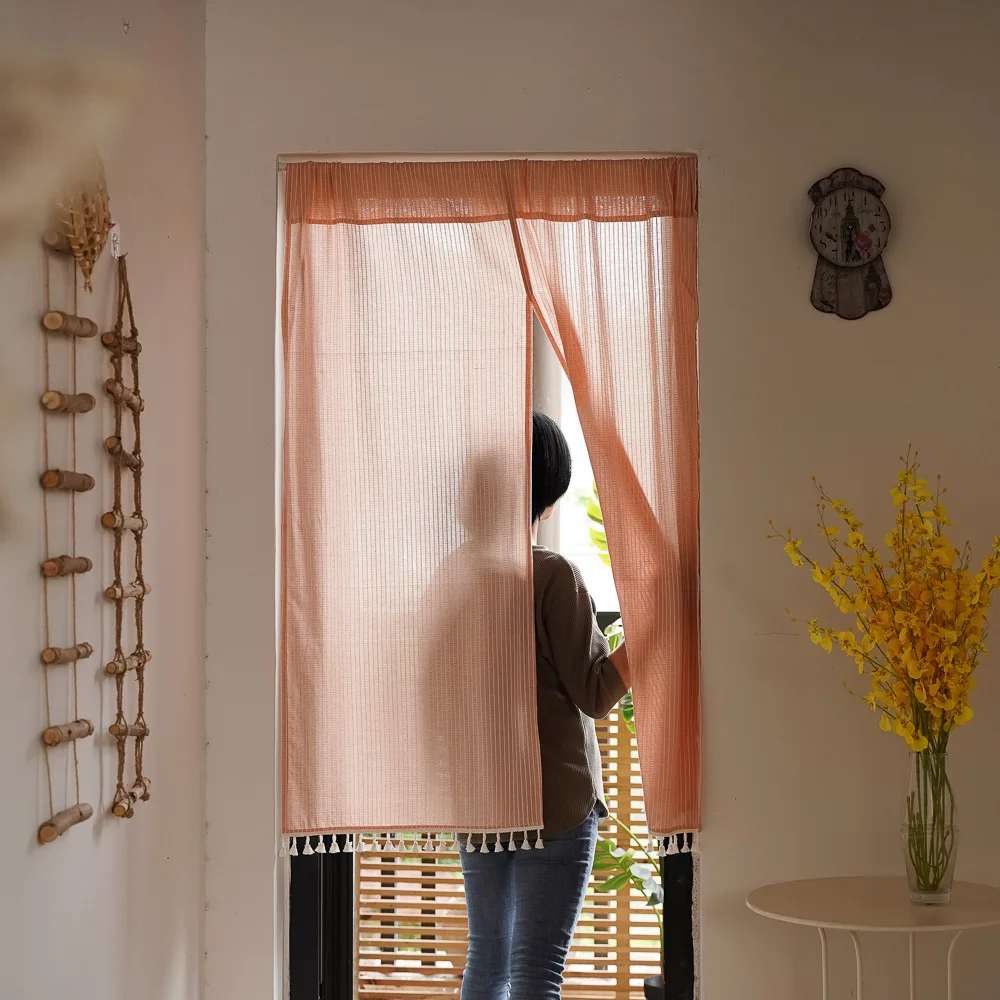 

Japanese Style Cotton Linen Ins Perforation-free Fabric Partition Solid Color Door Curtain Blocking Hanging Cloth Short Drapes