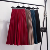 qooth chic retro solid midi pleated skirts high waist a line skirt womens summer loose casual beach skirt qt1409