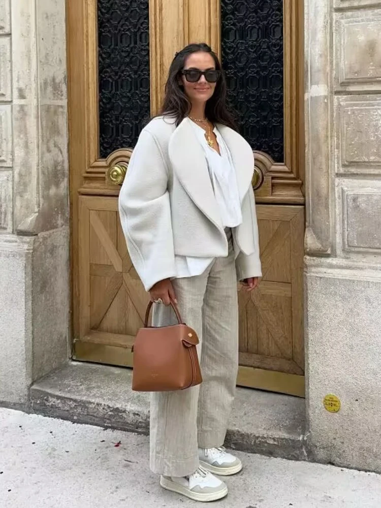 

Женское короткое кашемировое пальто, белый элегантный кардиган-поло в уличном стиле, теплая куртка, Осень-зима 2023