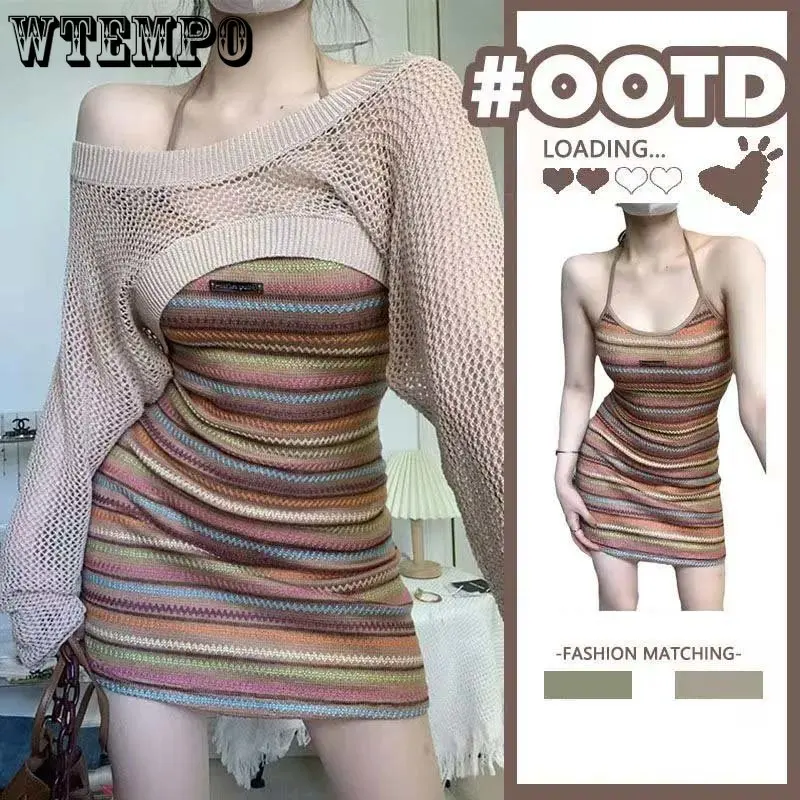 

Slim Striped Knit Strap Dress Hollow Out Thin Knit Pullover Women Sun Protection Shirt Top Hottie Hotsweet Sexy Summer Wholesale