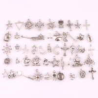 50pcs mix silver color pentagram triangle scale broom love heart moon sun note charms pendant for jewelry making diy accessories