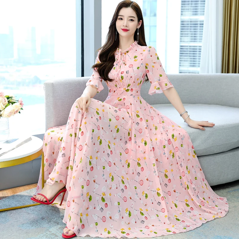 

2022 Summer Chiffon Boho Beach Long Dress for Women Floral Print Short Sleeve O-neck Maxi Dresses Elegant Bodycon Party Vestidos
