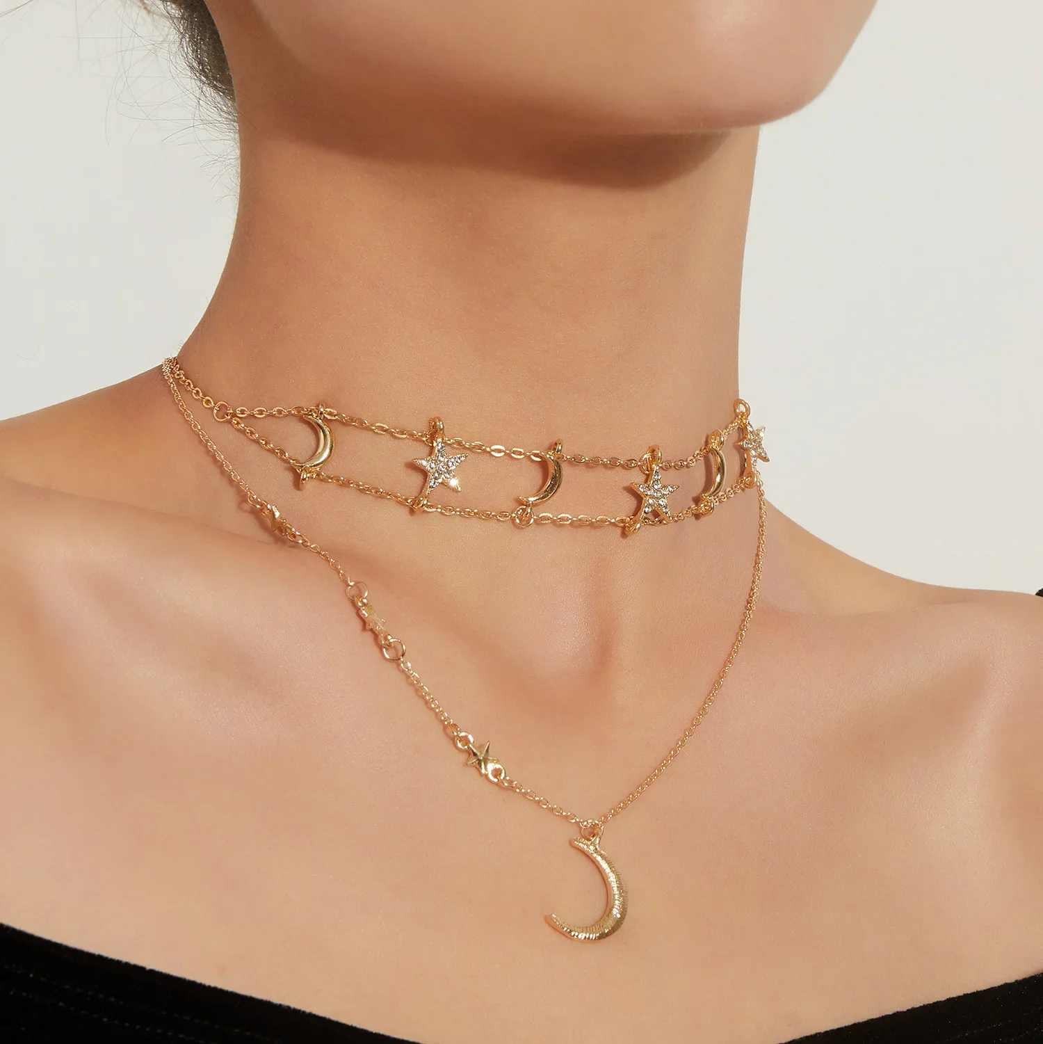 Uorich Ретро Легкая Роскошная Пентаграмма Полумесяц Инкрустация Алмазное Ожерелье